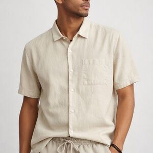 GAP Linen Blend Shirt XL Beige Tan Camp Shirt Short Sleeve Minimal Coastal